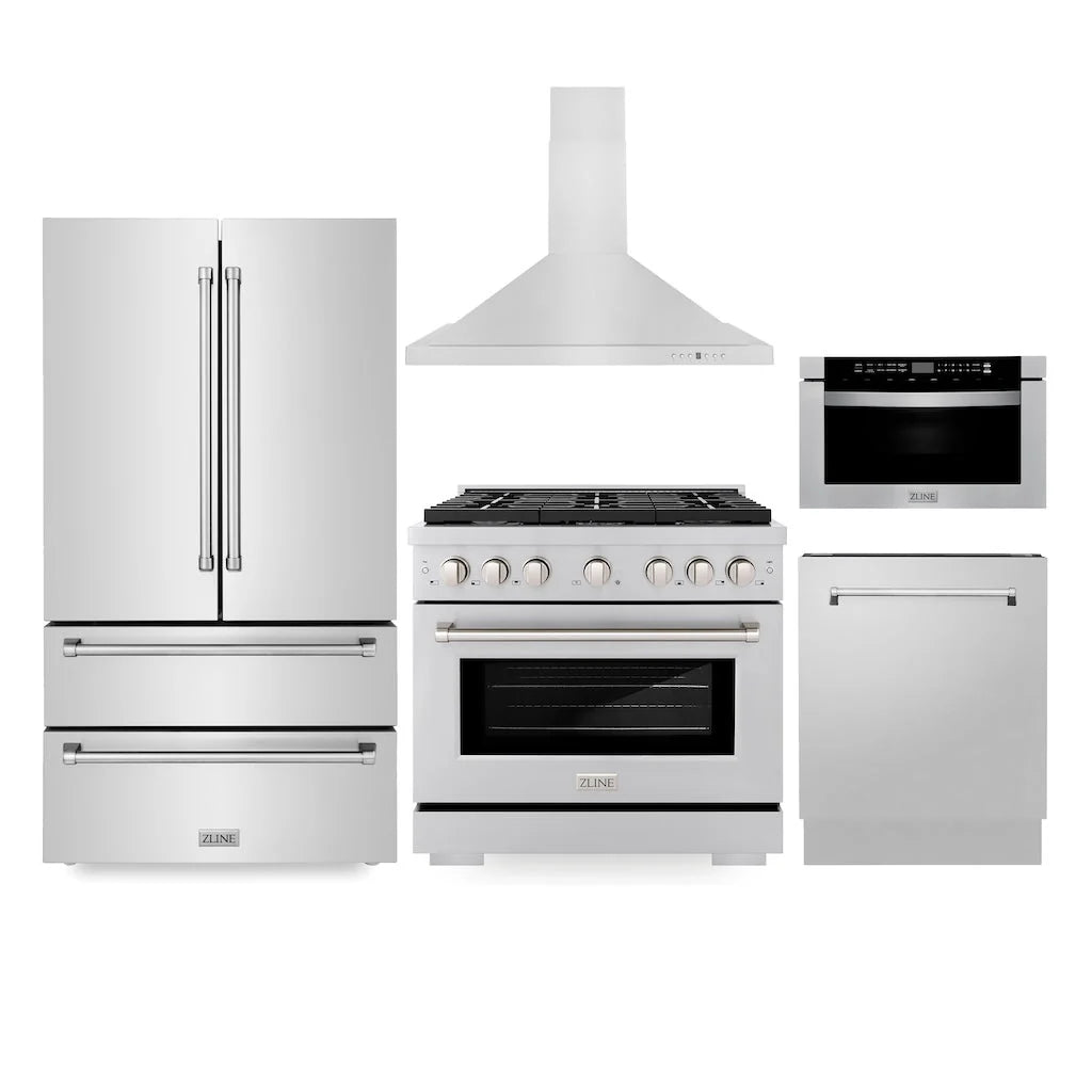 ZLINE - Kitchen Package with Refrigeration, 36&quot; Stainless Steel Gas Range, 36&quot; Range Hood, Microwave Drawer, and 24&quot; Tall Tub Dishwasher