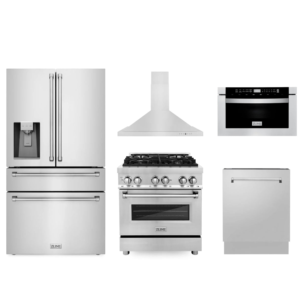 ZLINE - Kitchen Package with Water and Ice Dispenser Refrigerator, 30&quot; Dual Fuel Range, 30&quot; Range Hood, Microwave Drawer, and 24&quot; Tall Tub Dishwasher