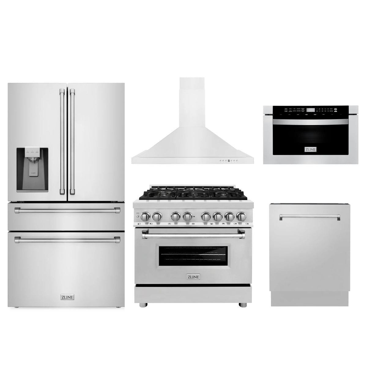 ZLINE - Kitchen Package with Water and Ice Dispenser Refrigerator, 36&quot; Dual Fuel Range, 36&quot; Range Hood, Microwave Drawer, and 24&quot; Tall Tub Dishwasher