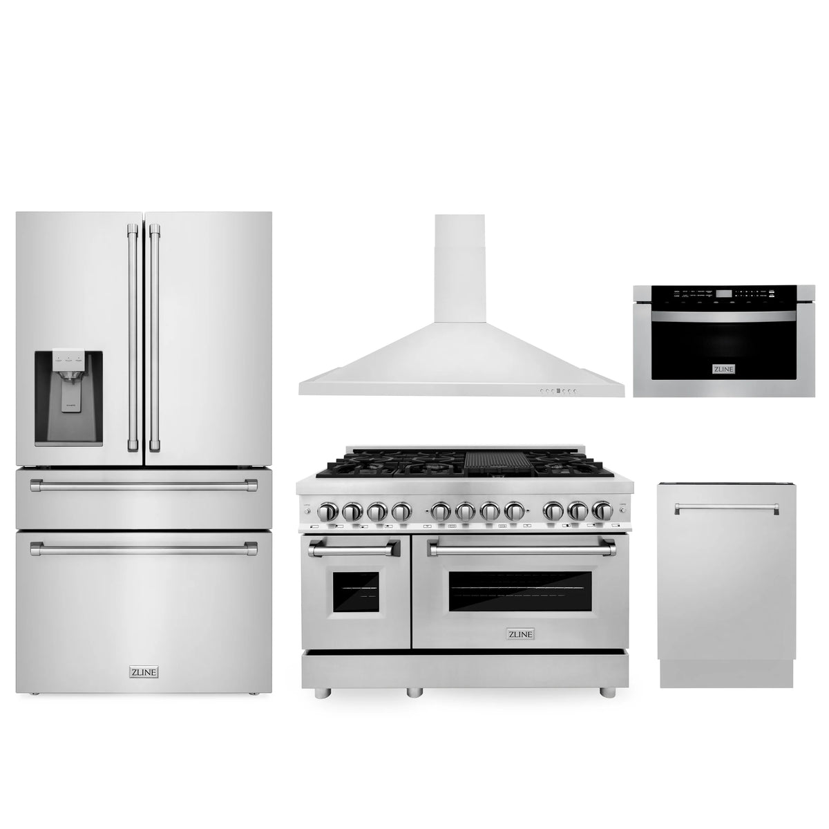 ZLINE - Kitchen Package with Water and Ice Dispenser Refrigerator, 48&quot; Dual Fuel Range, 48&quot; Range Hood, Microwave Drawer, and 24&quot; Tall Tub Dishwasher (5KPRW-RARH48-MWDWV)