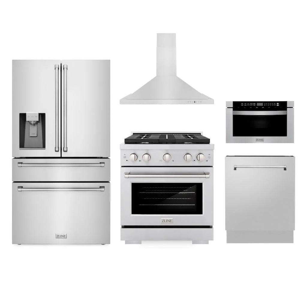 ZLINE - Kitchen Package with Water and Ice Dispenser Refrigerator, 30&quot; Gas Range, 30&quot; Range Hood, Microwave Drawer, and 24&quot; Tall Tub Dishwasher