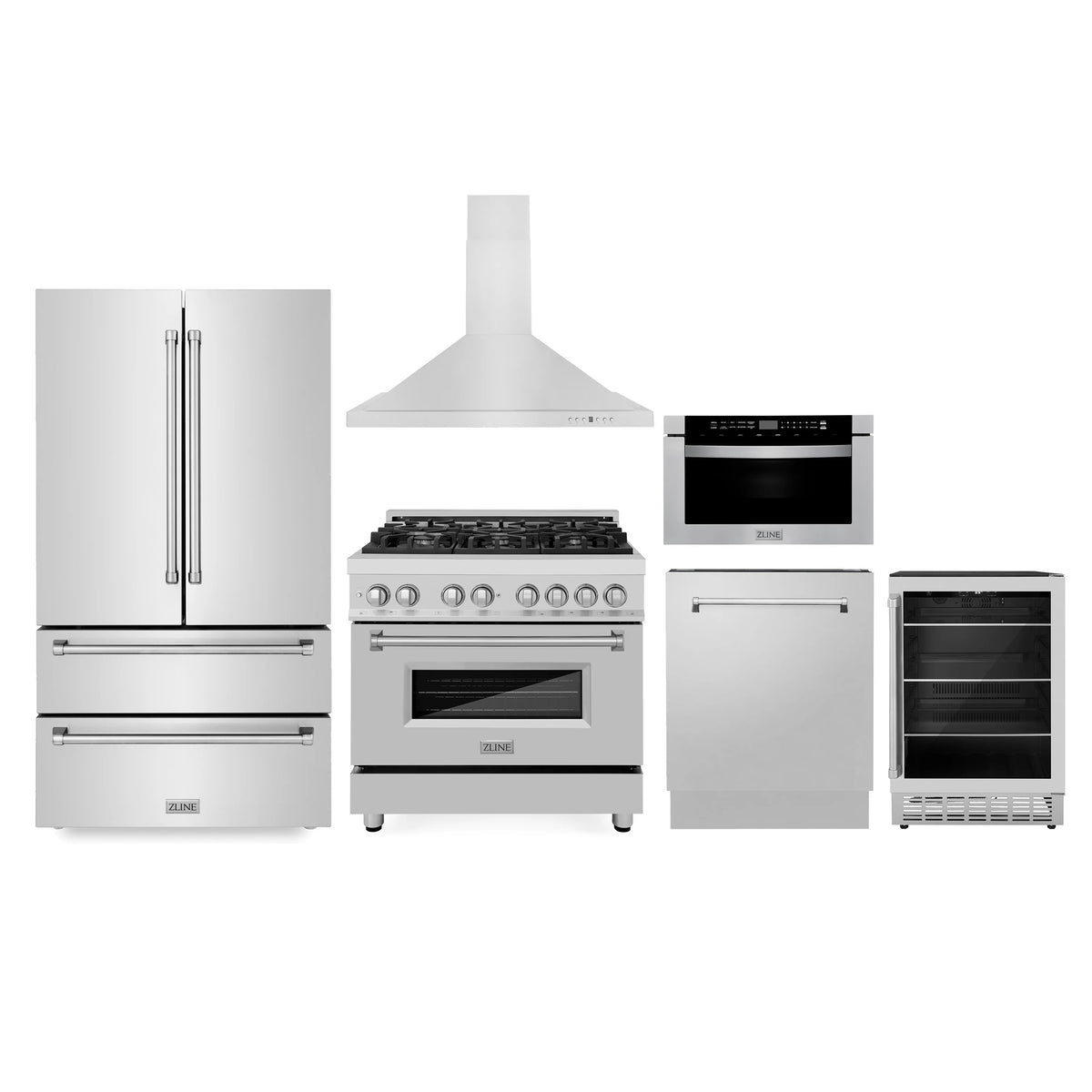 ZLINE - Kitchen Package with Refrigeration, 36&quot; Stainless Steel Dual Fuel Range, 36&quot; Range Hood, Microwave Drawer, 24&quot; Tall Tub Dishwasher and Beverage Fridge