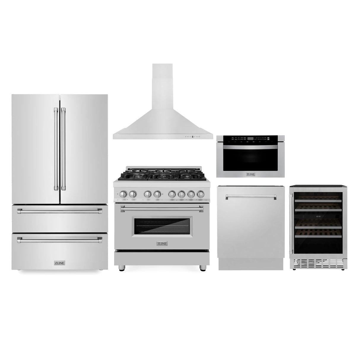 ZLINE - Kitchen Package with Refrigeration, 36&quot; Stainless Steel Dual Fuel Range, 36&quot; Range Hood, Microwave Drawer, 24&quot; Tall Tub Dishwasher and Wine Cooler