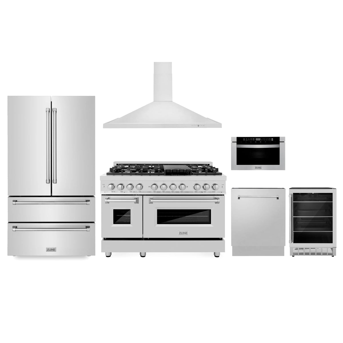 ZLINE - Kitchen Package with Refrigeration, 48&quot; Stainless Steel Dual Fuel Range, 36&quot; Range Hood, Microwave Drawer, 24&quot; Tall Tub Dishwasher and Beverage Fridge