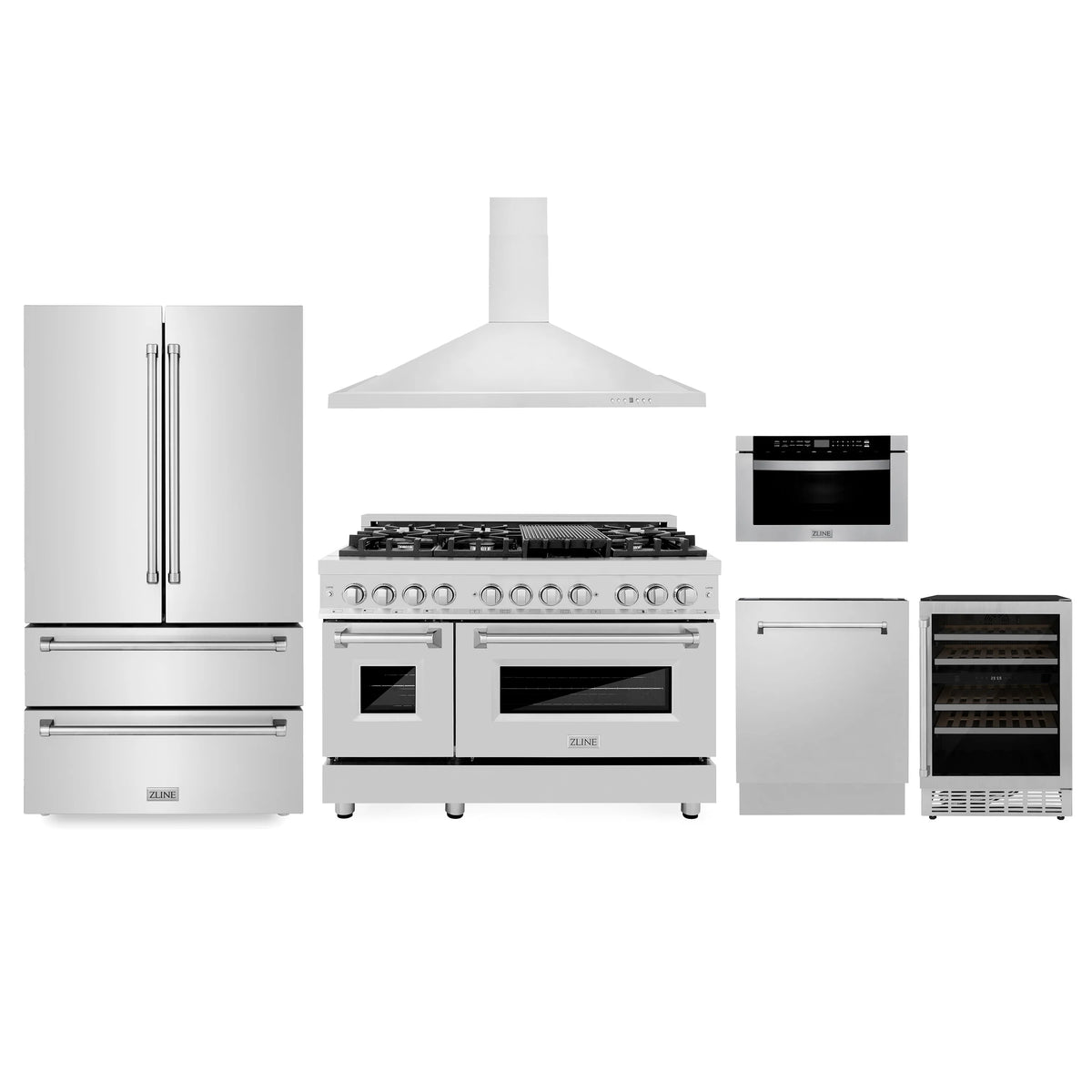 ZLINE - Kitchen Package with Refrigeration, 48&quot; Stainless Steel Dual Fuel Range, 36&quot; Range Hood, Microwave Drawer, 24&quot; Tall Tub Dishwasher and Wine Cooler