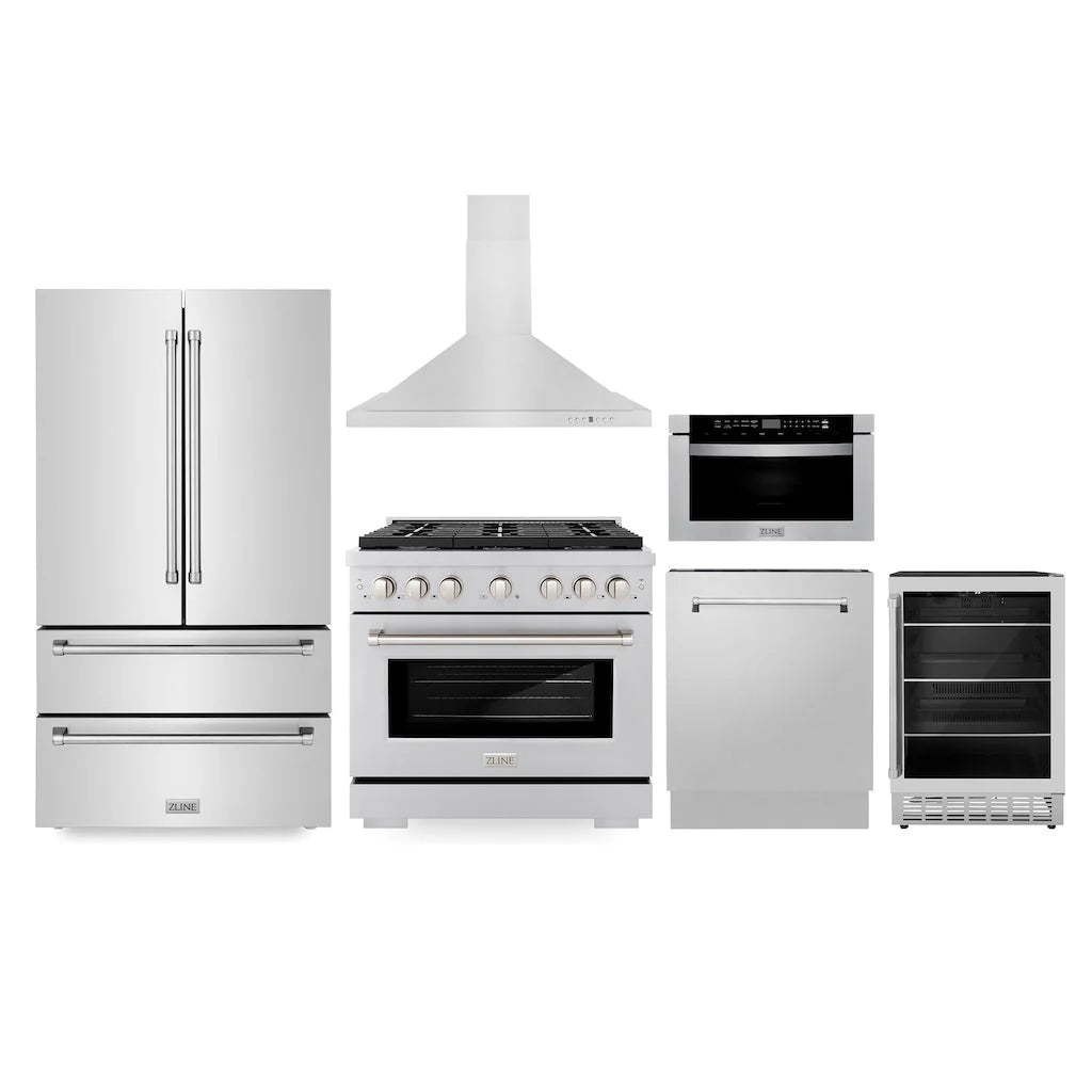 ZLINE - Kitchen Package with Refrigeration, 36&quot; Stainless Steel Gas Range, 36&quot; Range Hood, Microwave Drawer, 24&quot; Tall Tub Dishwasher and Beverage Fridge