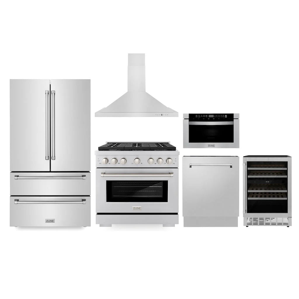 ZLINE - Kitchen Package with Refrigeration, 36&quot; Stainless Steel Gas Range, 36&quot; Range Hood, Microwave Drawer, 24&quot; Tall Tub Dishwasher and Wine Cooler