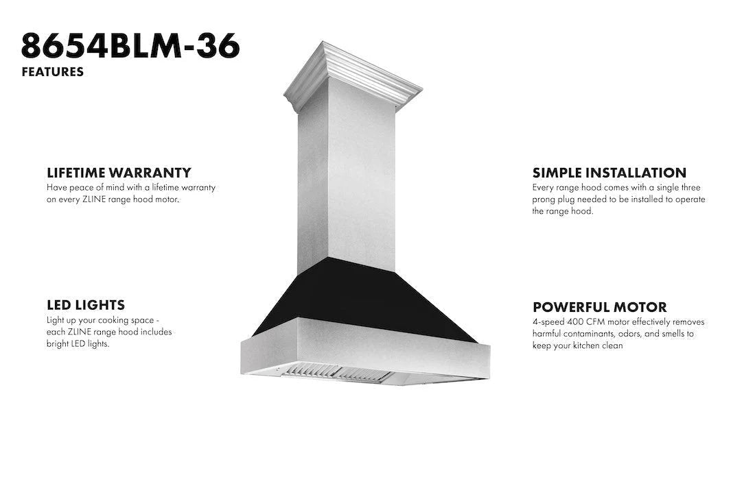 ZLINE - 30 in. Ducted Satin Stainless Steel Wall Mount Range Hood with Black Matte Shell (8654BLM-30)