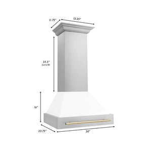 ZLINE - 30" Autograph Edition Kitchen Package with Stainless Steel Dual Fuel Range with White Matte Door and Range Hood with Gold Accents