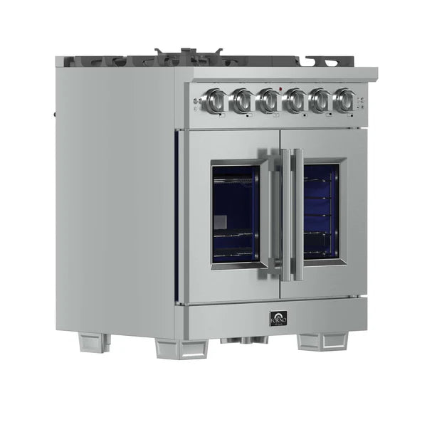 FORNO - Capriasca 30-Inch Freestanding French Door Gas Range, 4 Burners, Convection Oven, Energy Efficient