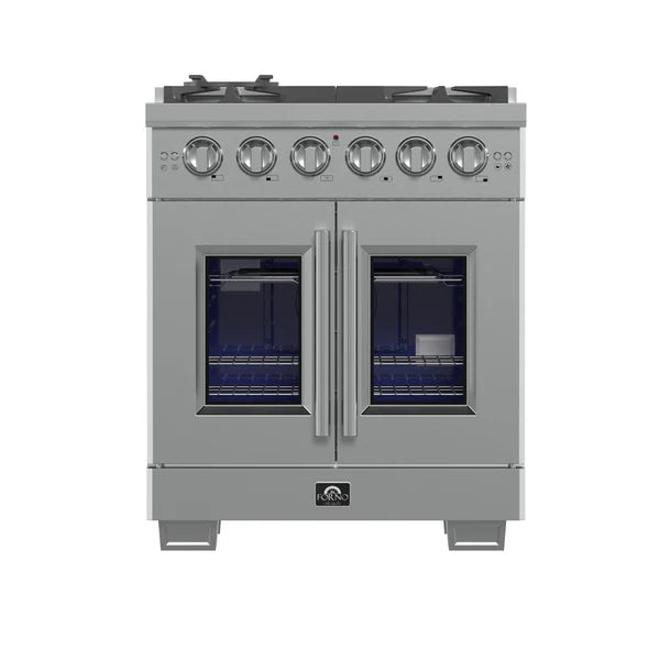 FORNO - Capriasca 30-Inch Freestanding French Door Gas Range, 4 Burners, Convection Oven, Energy Efficient