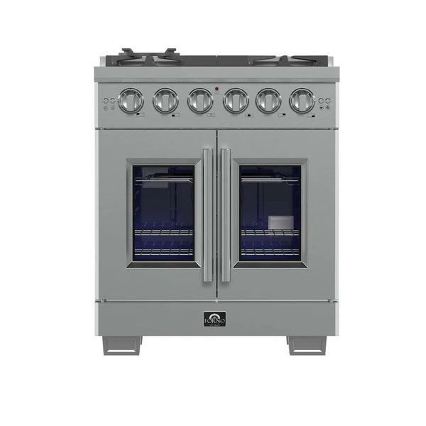 FORNO - Capriasca 30-Inch Freestanding French Door Gas Range, 4 Burners, Convection Oven, Energy Efficient