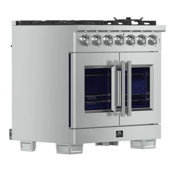 FORNO - Capriasca 36-Inch Freestanding French Door Gas Range, 6 Burners, Convection Oven, Energy Efficient