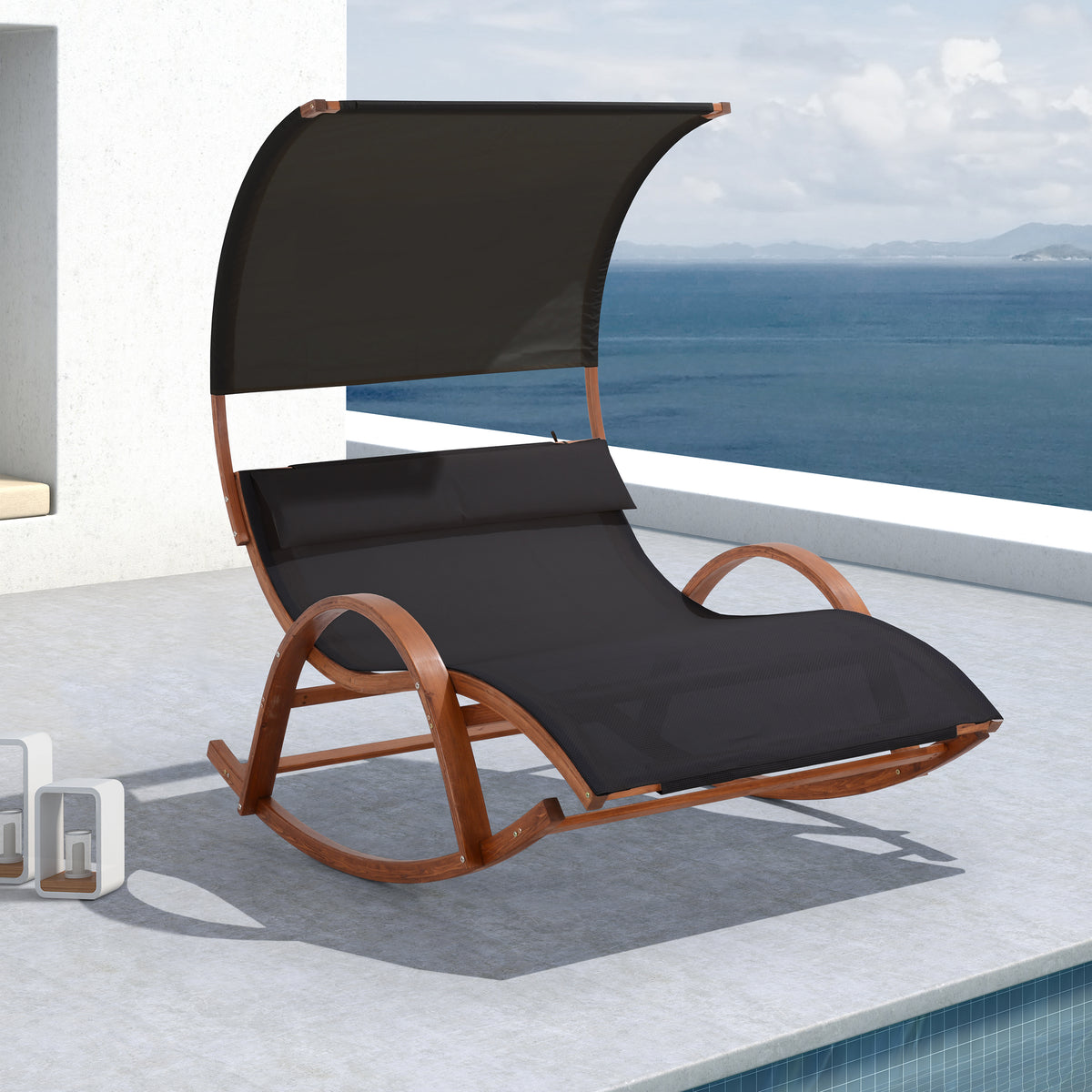 Deko Living - Outdoor Cedar Wood Patio Lounge Daybed with Black Textilene Fabric &amp; Canopy