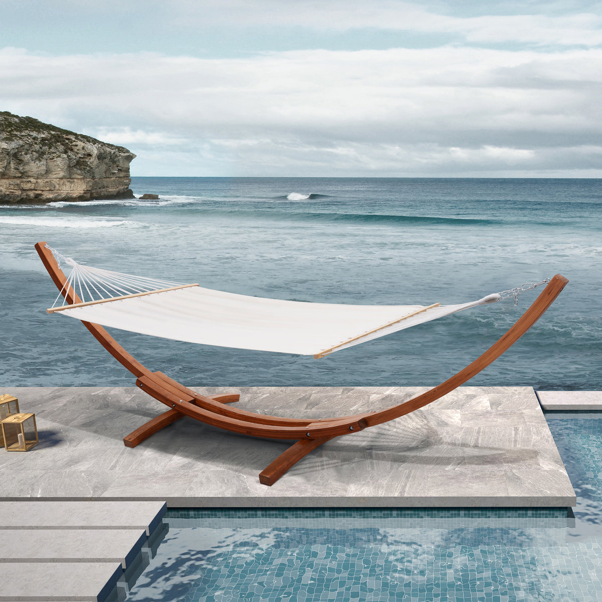 Deko Living - Outdoor Cedar Wood Hammock with White Textilene Fabric