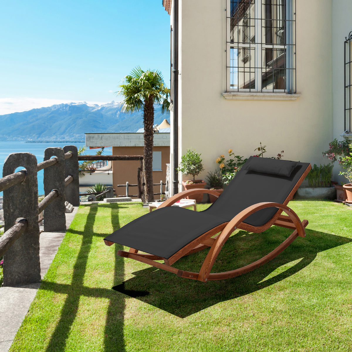 Deko Living - Outdoor Cedar Wood Patio Lounge Chair with Black Textilene Fabric