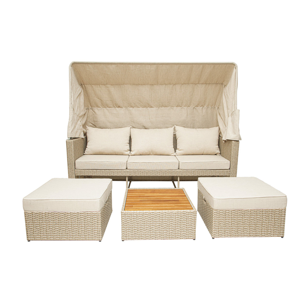 Deko Living - Outdoor Wicker Patio Sofa with Canopy &amp; Ottoman Set
