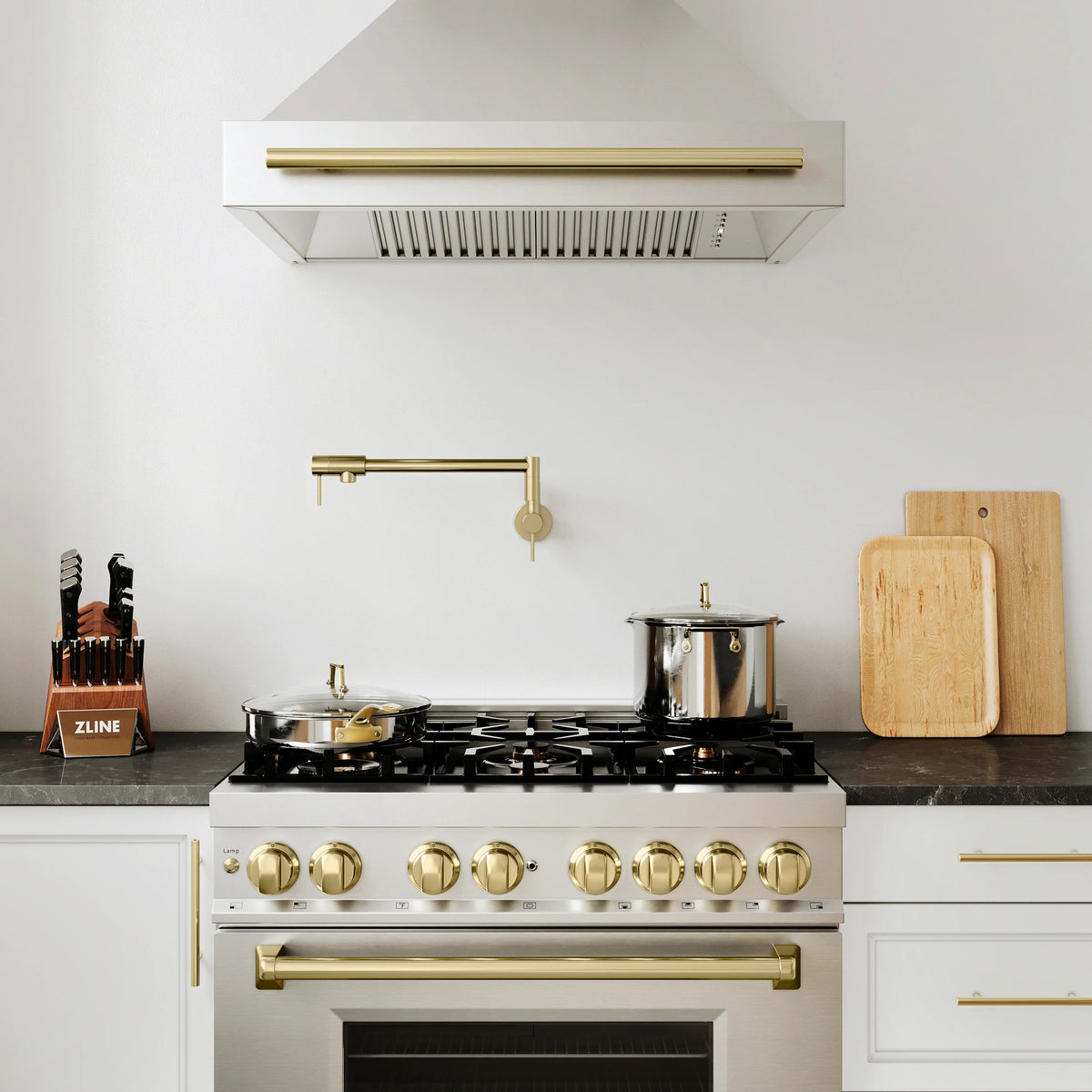 ZLINE - Autograph Edition 36 in. 4.6 cu. ft. Legacy Dual Fuel Range with 6 Burner Gas Cooktop and Electric Convection Oven in Stainless Steel and Champagne Bronze Accents