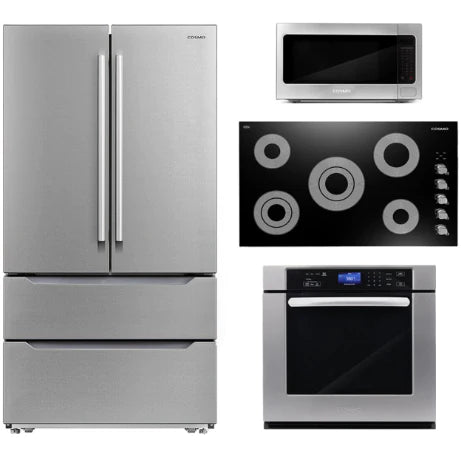 Cosmo 4 Piece, 36&quot; Cooktop 30&quot; Wall Oven 24.4&quot; Microwave &amp; French Door Refrigerator COS-4PKG-260