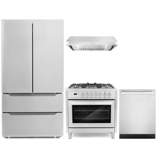 Cosmo 4-Piece, 36&quot; Dual Fuel Range, 36&quot; Range Hood, Dishwasher and Refrigerator COS-4PKG-077