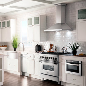 ZLINE Kitchen Package with Refrigeration, 48" Stainless Steel Gas Range, 48" Range Hood, Microwave Drawer, and 24" Tall Tub Dishwasher