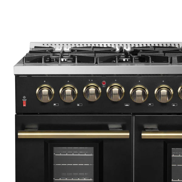 FORNO - Galiano 48-inch Dual Fuel Range Black &amp; Antique Brass Design with 8 Sealed Burners 107,000 BTU, 6.58 cu. ft. double ovens &amp; Griddle