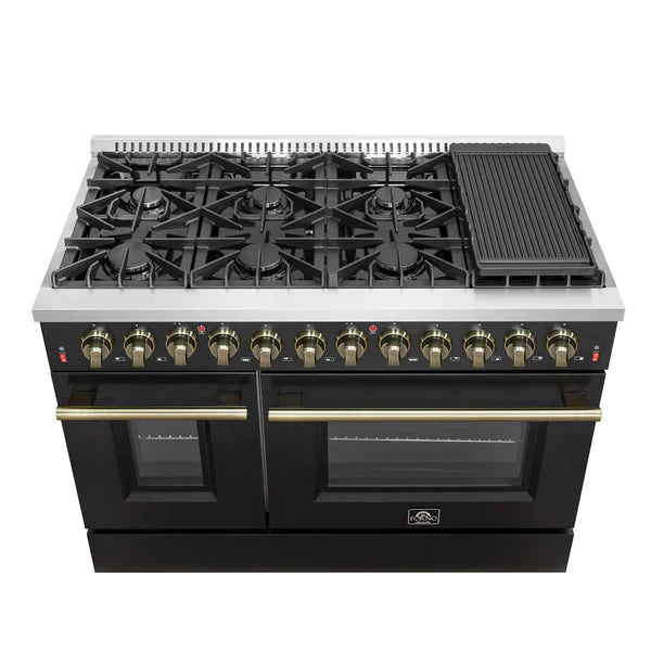 FORNO - Galiano 48-inch Dual Fuel Range Black &amp; Antique Brass Design with 8 Sealed Burners 107,000 BTU, 6.58 cu. ft. double ovens &amp; Griddle
