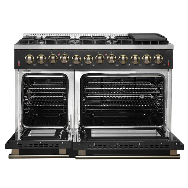 FORNO - Galiano 48-inch Dual Fuel Range Black &amp; Antique Brass Design with 8 Sealed Burners 107,000 BTU, 6.58 cu. ft. double ovens &amp; Griddle