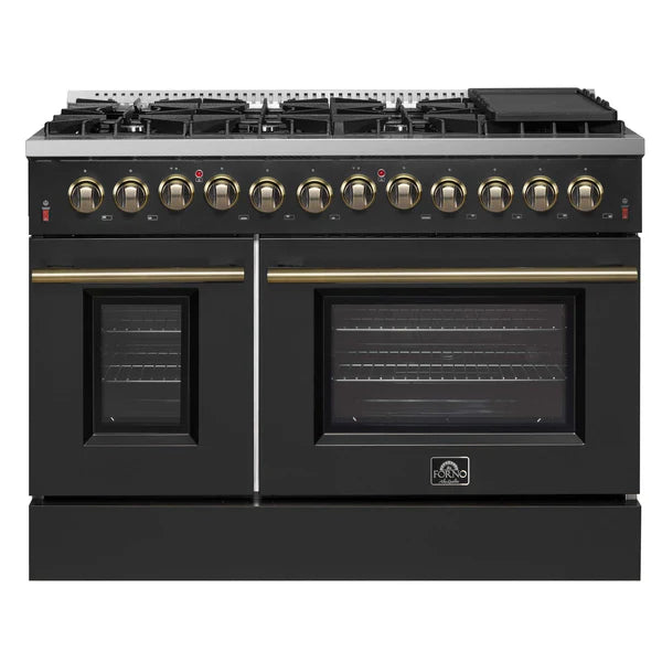 FORNO - Galiano 48-inch Dual Fuel Range Black &amp; Antique Brass Design with 8 Sealed Burners 107,000 BTU, 6.58 cu. ft. double ovens &amp; Griddle