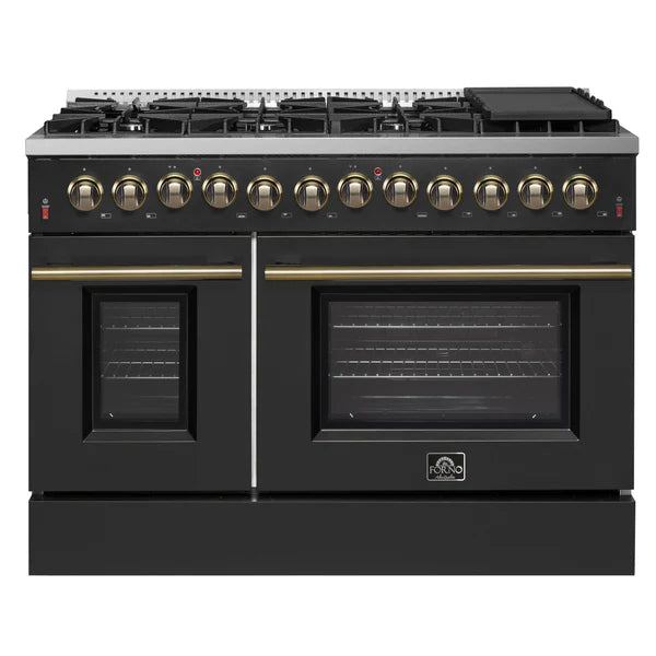 FORNO - Galiano 48-inch Dual Fuel Range Black &amp; Antique Brass Design with 8 Sealed Burners 107,000 BTU, 6.58 cu. ft. double ovens &amp; Griddle