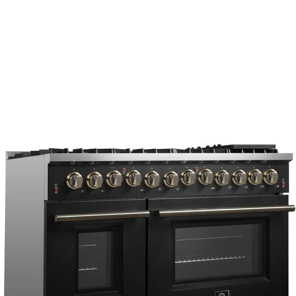 FORNO - Galiano 48-inch Dual Fuel Range Black &amp; Antique Brass Design with 8 Sealed Burners 107,000 BTU, 6.58 cu. ft. double ovens &amp; Griddle