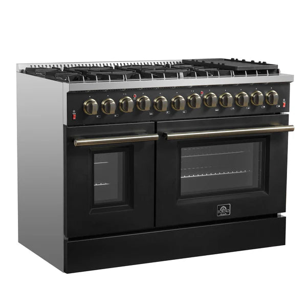 FORNO - Galiano 48-inch Dual Fuel Range Black &amp; Antique Brass Design with 8 Sealed Burners 107,000 BTU, 6.58 cu. ft. double ovens &amp; Griddle