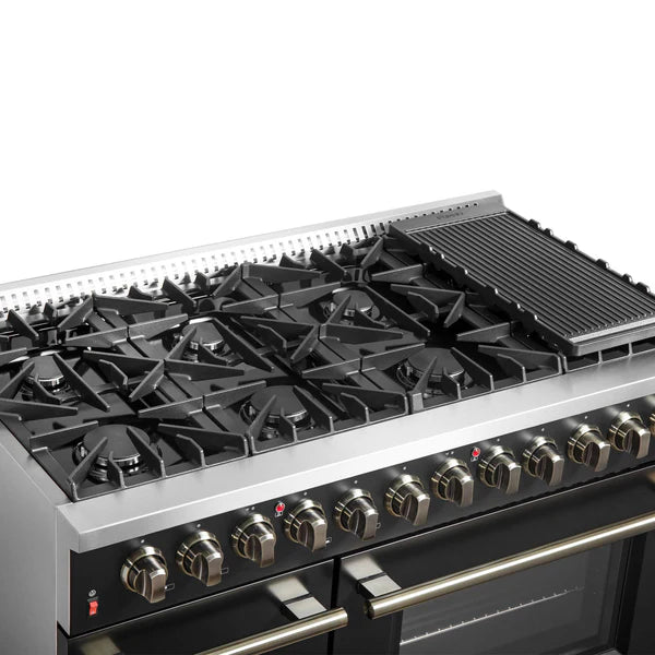 FORNO - Galiano 48-inch Dual Fuel Range Black &amp; Antique Brass Design with 8 Sealed Burners 107,000 BTU, 6.58 cu. ft. double ovens &amp; Griddle