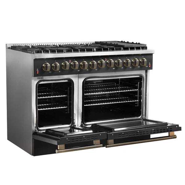 FORNO - Galiano 48-inch Dual Fuel Range Black &amp; Antique Brass Design with 8 Sealed Burners 107,000 BTU, 6.58 cu. ft. double ovens &amp; Griddle