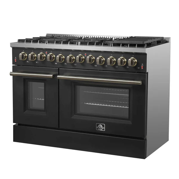 FORNO - Galiano 48-inch Dual Fuel Range Black &amp; Antique Brass Design with 8 Sealed Burners 107,000 BTU, 6.58 cu. ft. double ovens &amp; Griddle