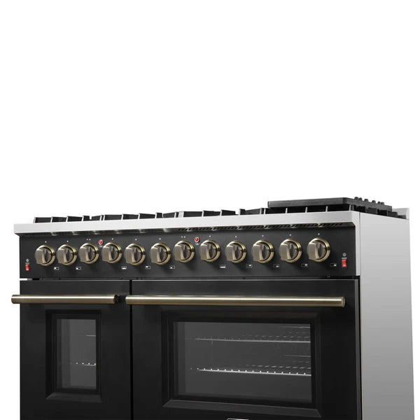 FORNO - Galiano 48-inch Dual Fuel Range Black &amp; Antique Brass Design with 8 Sealed Burners 107,000 BTU, 6.58 cu. ft. double ovens &amp; Griddle