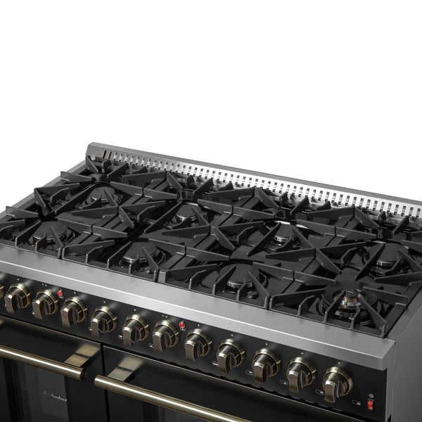 FORNO - Galiano 48-inch Dual Fuel Range Black &amp; Antique Brass Design with 8 Sealed Burners 107,000 BTU, 6.58 cu. ft. double ovens &amp; Griddle