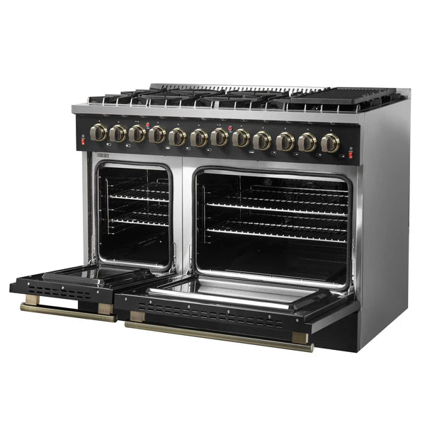 FORNO - Galiano 48-inch Dual Fuel Range Black &amp; Antique Brass Design with 8 Sealed Burners 107,000 BTU, 6.58 cu. ft. double ovens &amp; Griddle