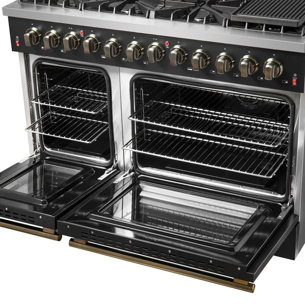 FORNO - Galiano 48-inch Dual Fuel Range Black &amp; Antique Brass Design with 8 Sealed Burners 107,000 BTU, 6.58 cu. ft. double ovens &amp; Griddle