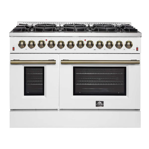 FORNO - Galiano 48-inch Dual Fuel Range White &amp; Antique Brass Design with 8 Sealed Burners 107,000 BTU, 6.58 cu. ft. double ovens &amp; Griddle