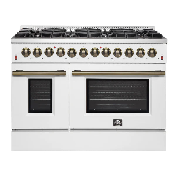 FORNO - Galiano 48-inch Dual Fuel Range White &amp; Antique Brass Design with 8 Sealed Burners 107,000 BTU, 6.58 cu. ft. double ovens &amp; Griddle