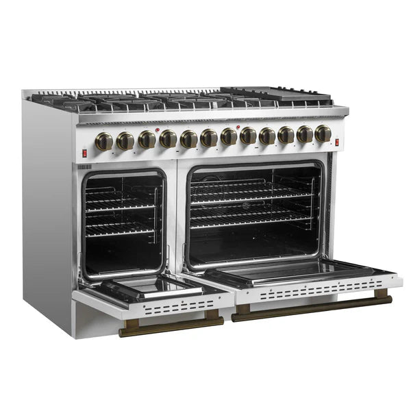 FORNO - Galiano 48-inch Dual Fuel Range White &amp; Antique Brass Design with 8 Sealed Burners 107,000 BTU, 6.58 cu. ft. double ovens &amp; Griddle