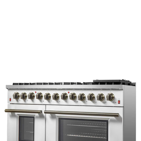 FORNO - Galiano 48-inch Dual Fuel Range White &amp; Antique Brass Design with 8 Sealed Burners 107,000 BTU, 6.58 cu. ft. double ovens &amp; Griddle