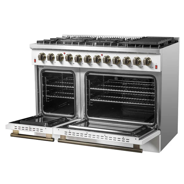FORNO - Galiano 48-inch Dual Fuel Range White &amp; Antique Brass Design with 8 Sealed Burners 107,000 BTU, 6.58 cu. ft. double ovens &amp; Griddle