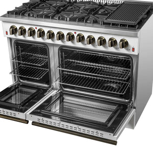 FORNO - Galiano 48-inch Dual Fuel Range White & Antique Brass Design with 8 Sealed Burners 107,000 BTU, 6.58 cu. ft. double ovens & Griddle