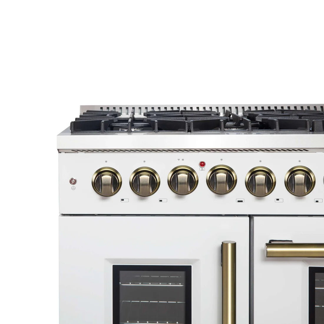 FORNO - Galiano 48-inch French Door Dual Fuel Range, White &amp; Antique Brass Design, 8 Sealed Burners - 107,000 BTU, Griddle, 6.58 cu.ft. Double Ovens
