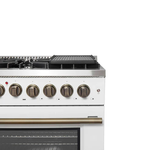 FORNO - Galiano 48-inch French Door Dual Fuel Range, White &amp; Antique Brass Design, 8 Sealed Burners - 107,000 BTU, Griddle, 6.58 cu.ft. Double Ovens