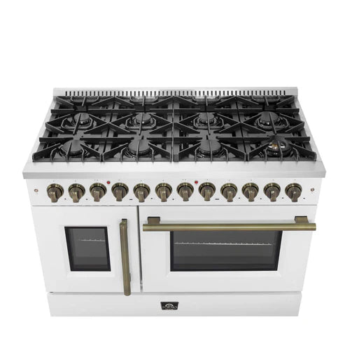 FORNO - Galiano 48-inch French Door Dual Fuel Range, White &amp; Antique Brass Design, 8 Sealed Burners - 107,000 BTU, Griddle, 6.58 cu.ft. Double Ovens