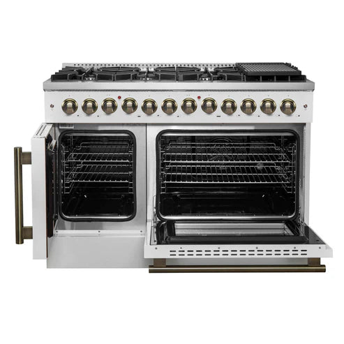 FORNO - Galiano 48-inch French Door Dual Fuel Range, White &amp; Antique Brass Design, 8 Sealed Burners - 107,000 BTU, Griddle, 6.58 cu.ft. Double Ovens