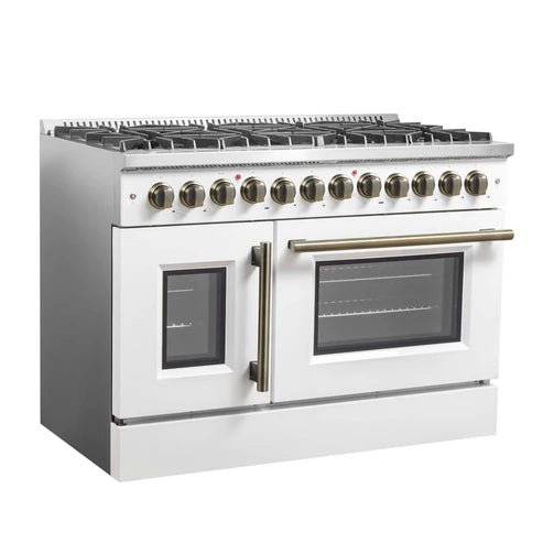 FORNO - Galiano 48-inch French Door Dual Fuel Range, White &amp; Antique Brass Design, 8 Sealed Burners - 107,000 BTU, Griddle, 6.58 cu.ft. Double Ovens